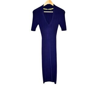 Elie Tahari Merino Wool Knit Dress XS Navy Blue V Neck Bodycon Midi
